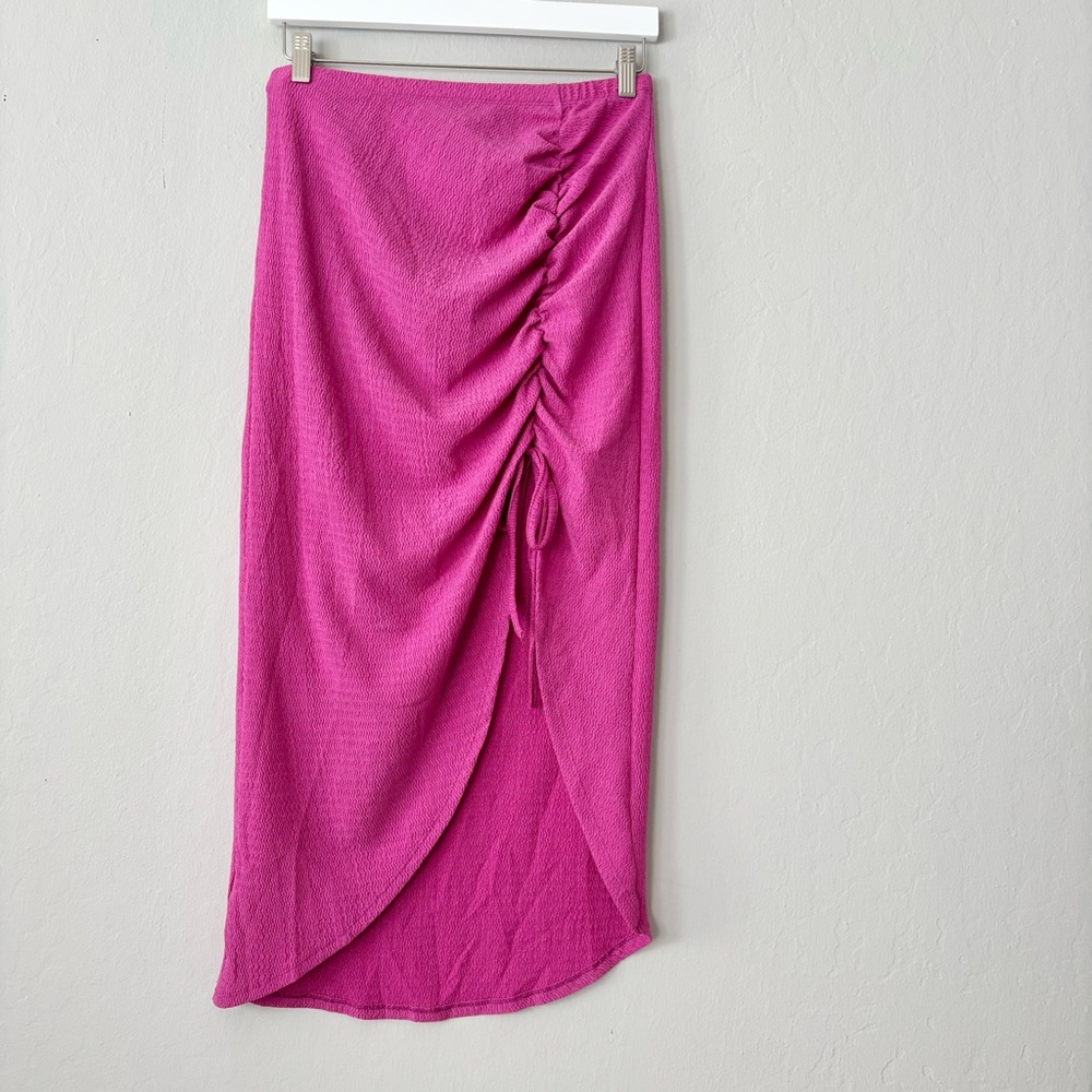 Cider Hot Pink Textured Scrunched Side Slit Midi Skirt